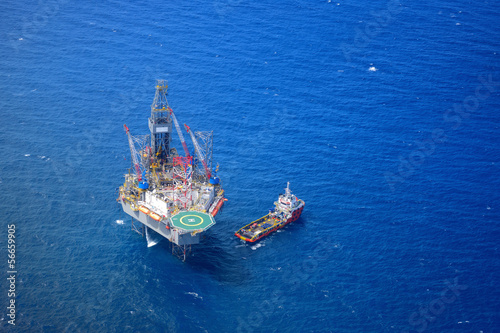 The offshore drilling oil rig top view from aircraft.