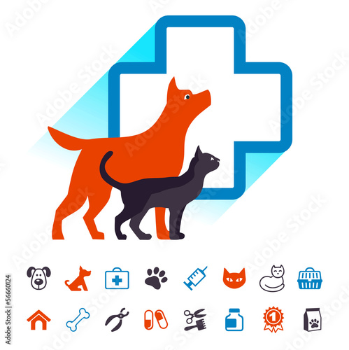 Vector veterinary emblem and pets icon set