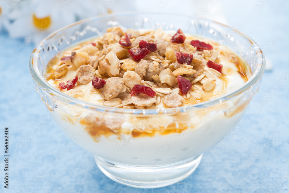 dessert of natural yogurt with maple syrup, granola and nuts dessert of natural yogurt with maple syrup, granola and nuts