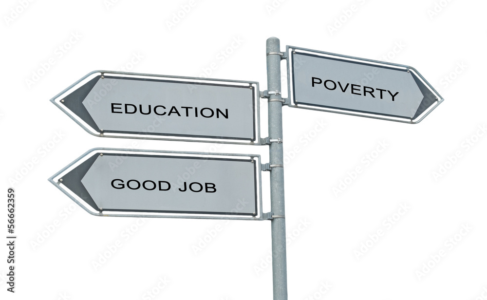 Road sign to education , good job, and poverty Road sign to education , good job, and poverty