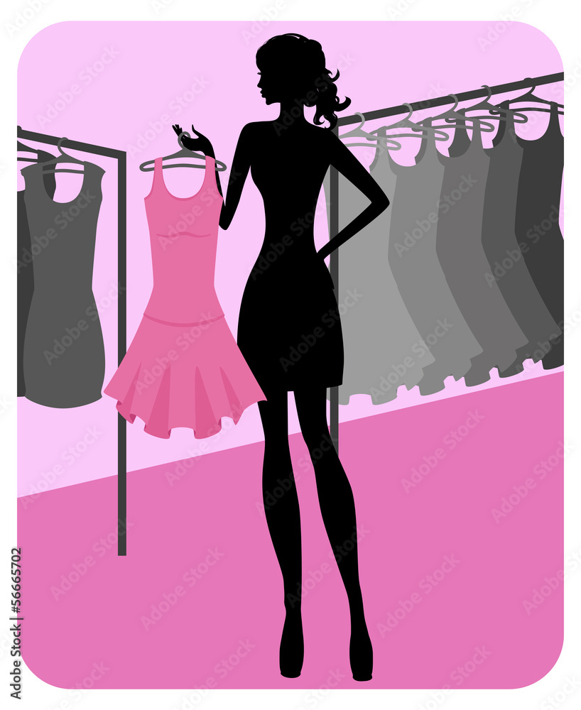Silhouette of beautiful girl chooses clothes in shop Silhouette of beautiful girl chooses clothes in shop