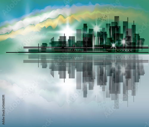 City skyline at night with reflection in water