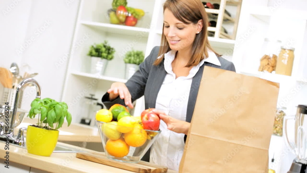 Business Female Unpacking Shopping Bag Fruit Business Female Unpacking Shopping Bag Fruit