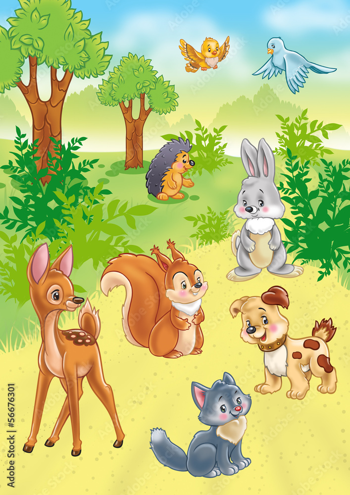 Naklejka premium cute kreskówek zwierząt w lesie