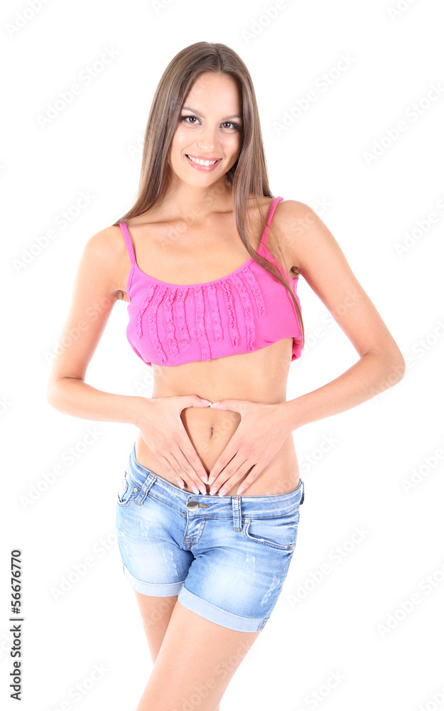 Young girl with butterfly on stomach isolated on white Young girl with butterfly on stomach isolated on white
