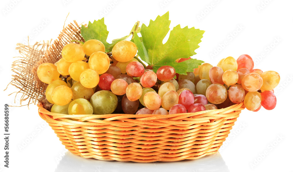 Ripe sweet grape in basket, isolated on white Ripe sweet grape in basket, isolated on white