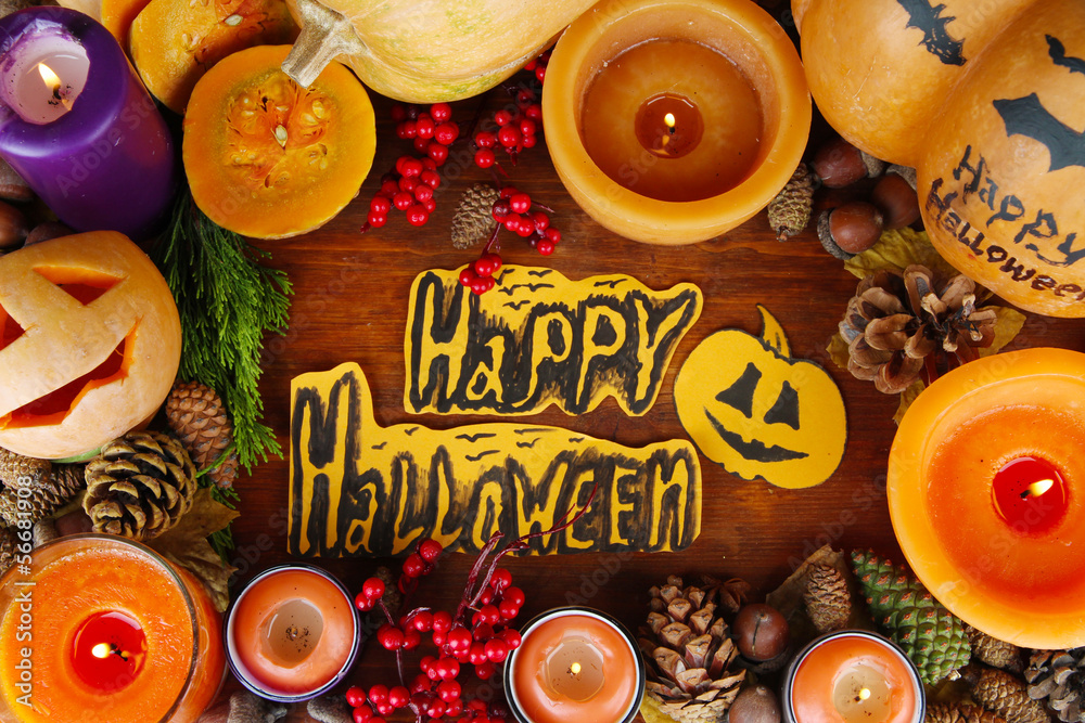 Composition for Halloween with on wooden table close-up Composition for Halloween with on wooden table close-up