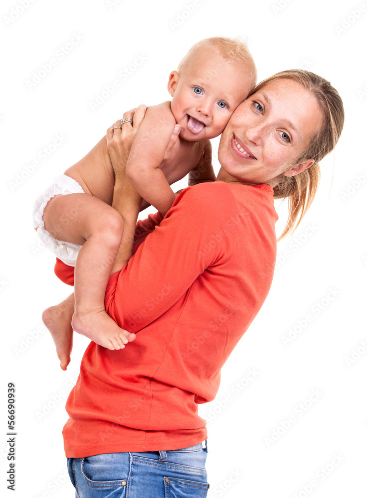 Young Caucasian woman and her baby son over white Young Caucasian woman and her baby son over white
