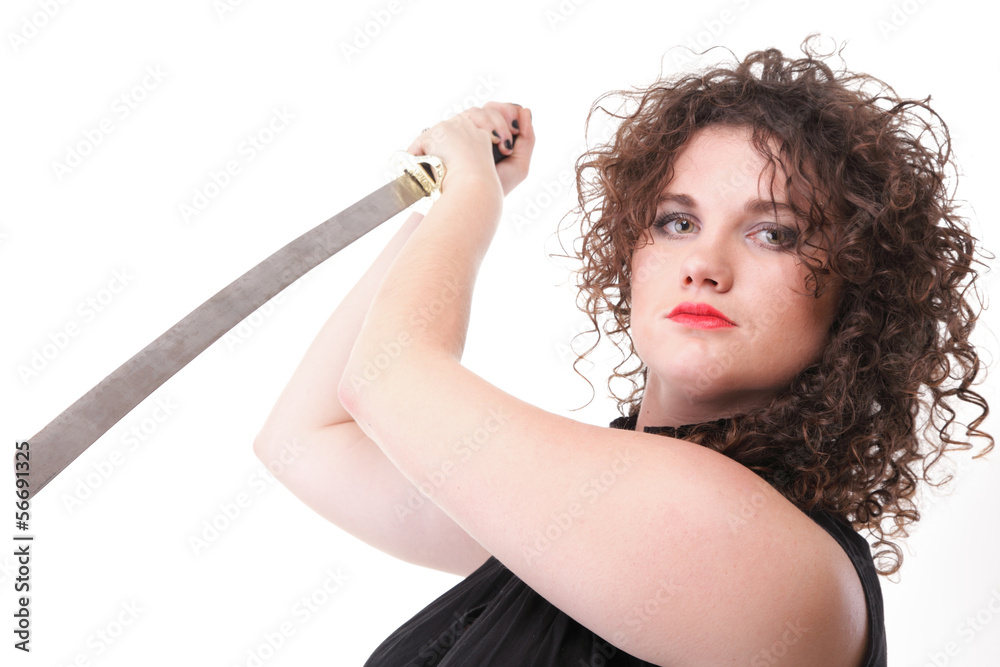 Obraz premium Portrait curly woman curly girl and sword