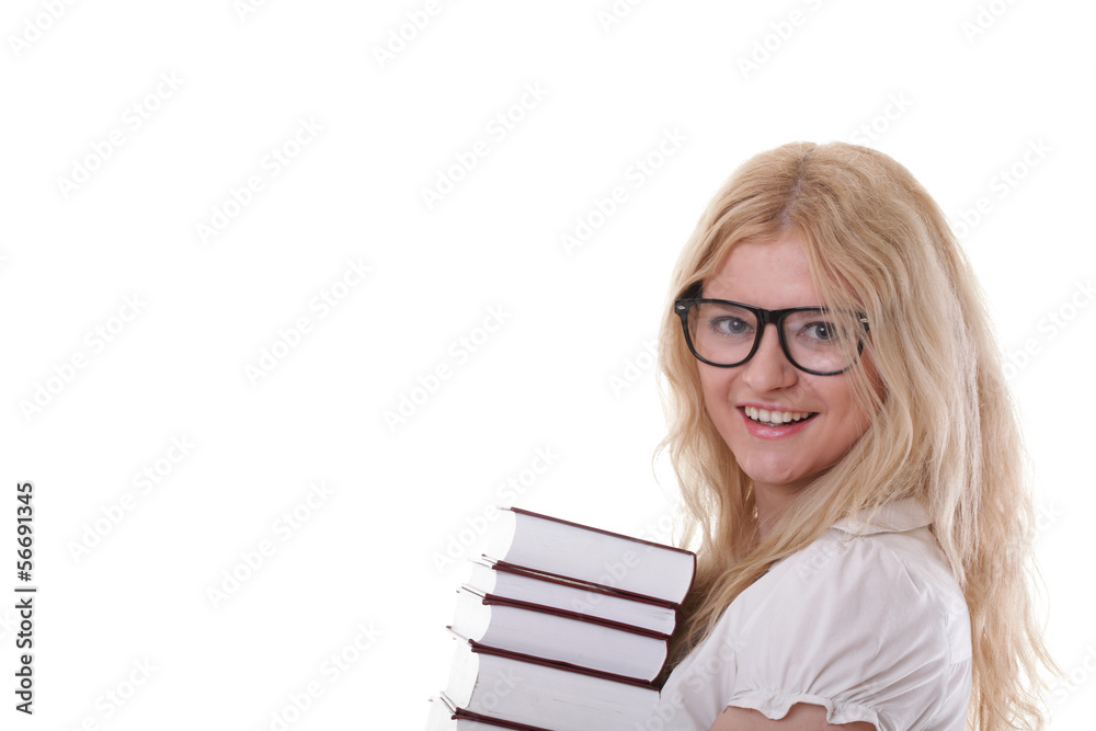 Beautiful young woman with books white background