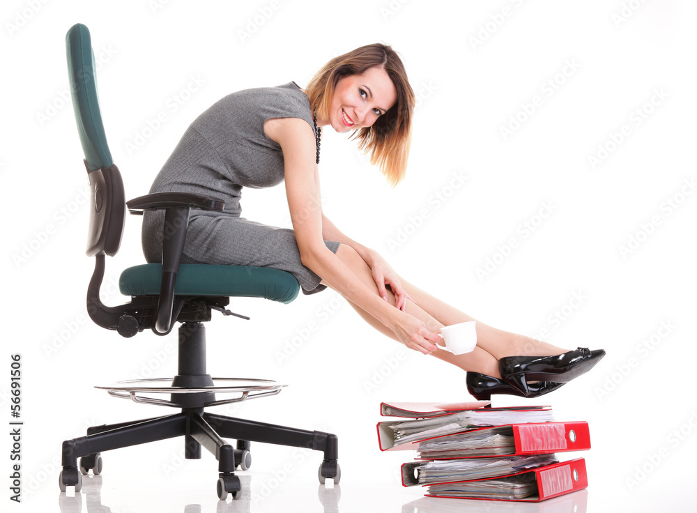 Woman work stoppage businesswoman relaxing legs up plenty of doc Woman work stoppage businesswoman relaxing legs up plenty of doc