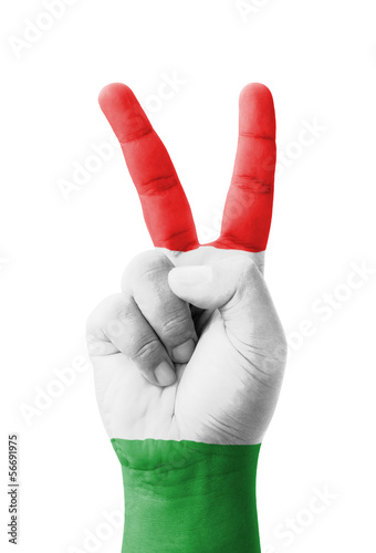 Hand making the V sign, Hungary flag painted фототапет