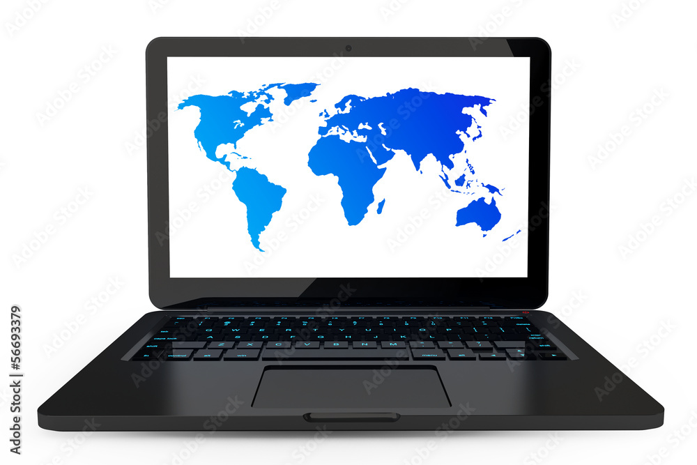 Laptop with high detailed World map on screen Laptop with high detailed World map on screen