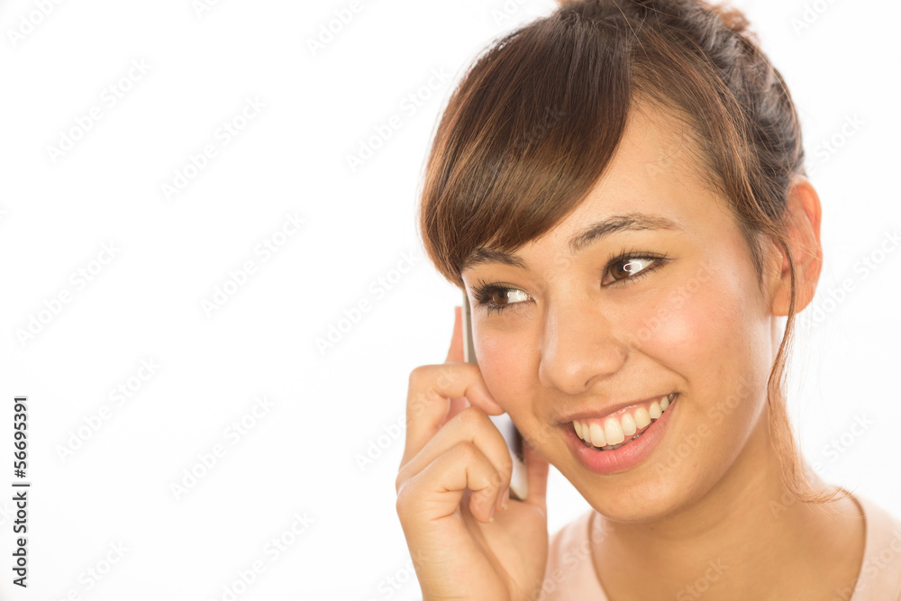Asian caucasian mixed race woman talking cellphone Asian caucasian mixed race woman talking cellphone