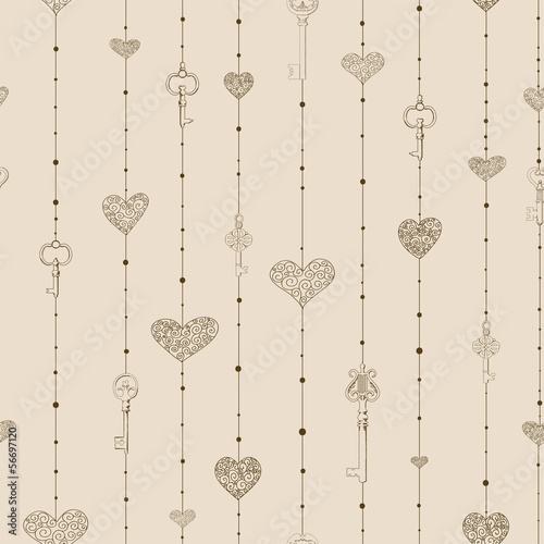 Vintage seamless pattern with hanging keys and hearts. 