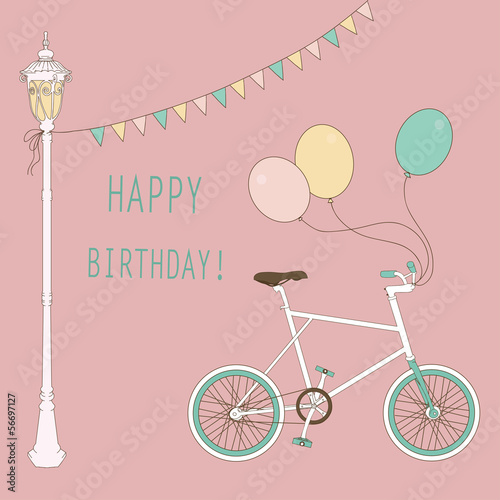 Cute card with balloons and bicycle for the birthday party.
