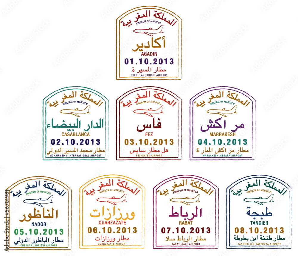Stylised passport stamps of Morocco in vector format.