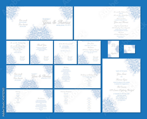 Blue Swirl wedding stationery set in vector format.