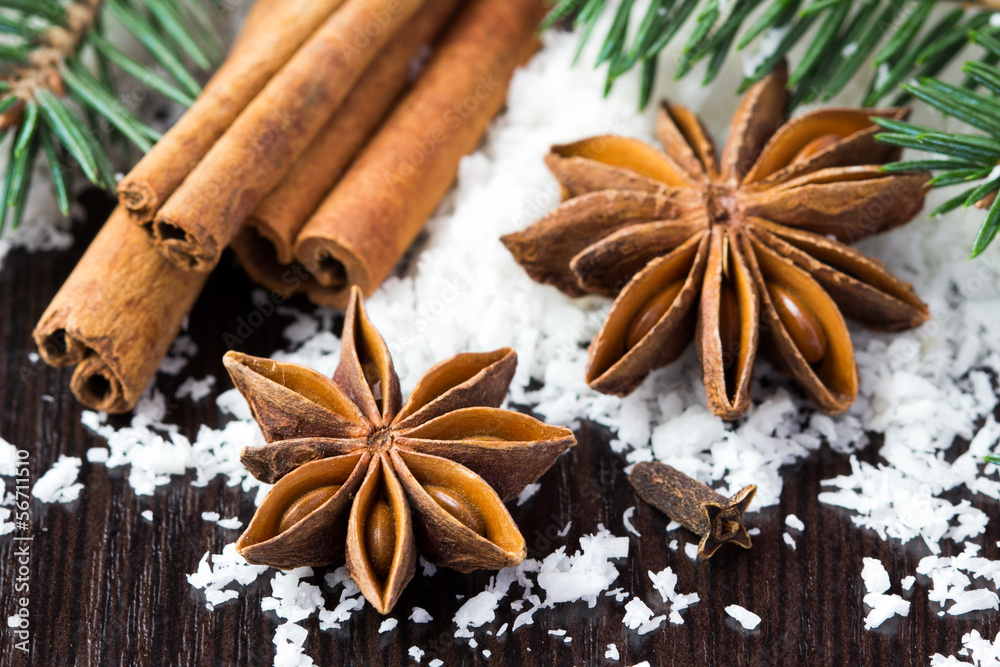 Star anise and cinnamon sticks on snow, christmas tree, winter Star anise and cinnamon sticks on snow, christmas tree, winter