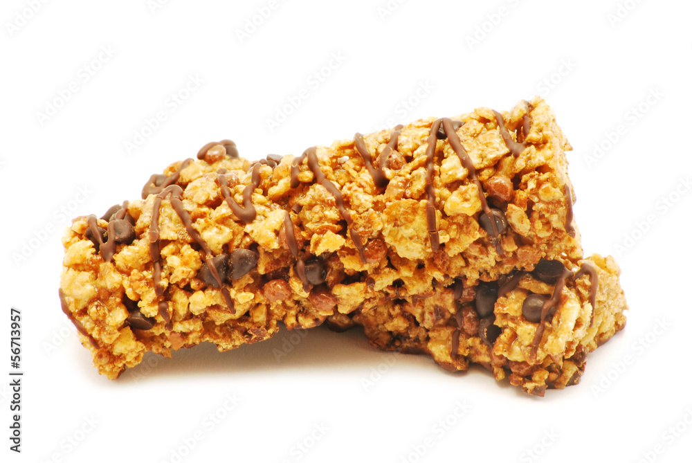 Cereal bar with chocolate isolated on white background