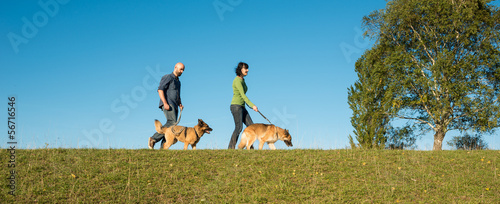Paar geht mit seinen Hunden spazieren