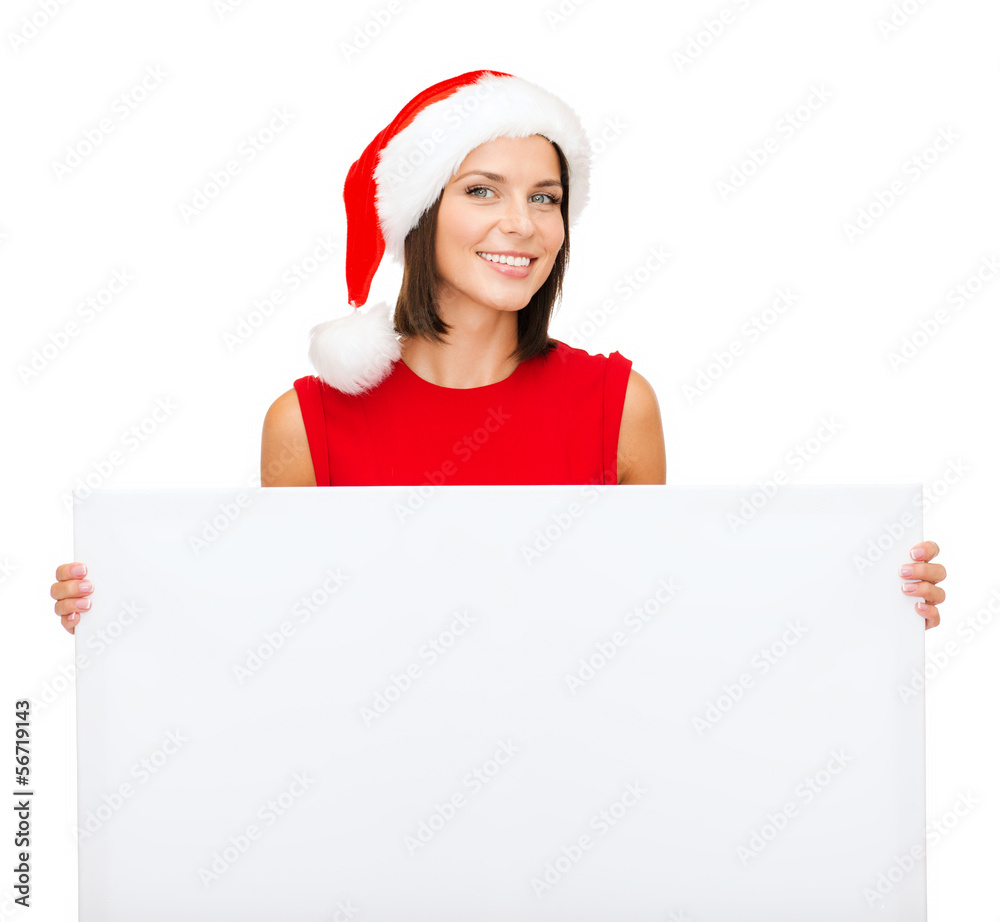 woman in santa helper hat with blank white board