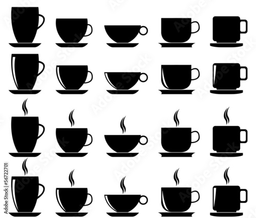 Set of coffee and tea cups illustrated on white