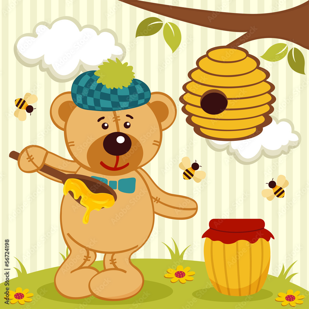 Naklejka premium teddy bear near beehive - vector illustration