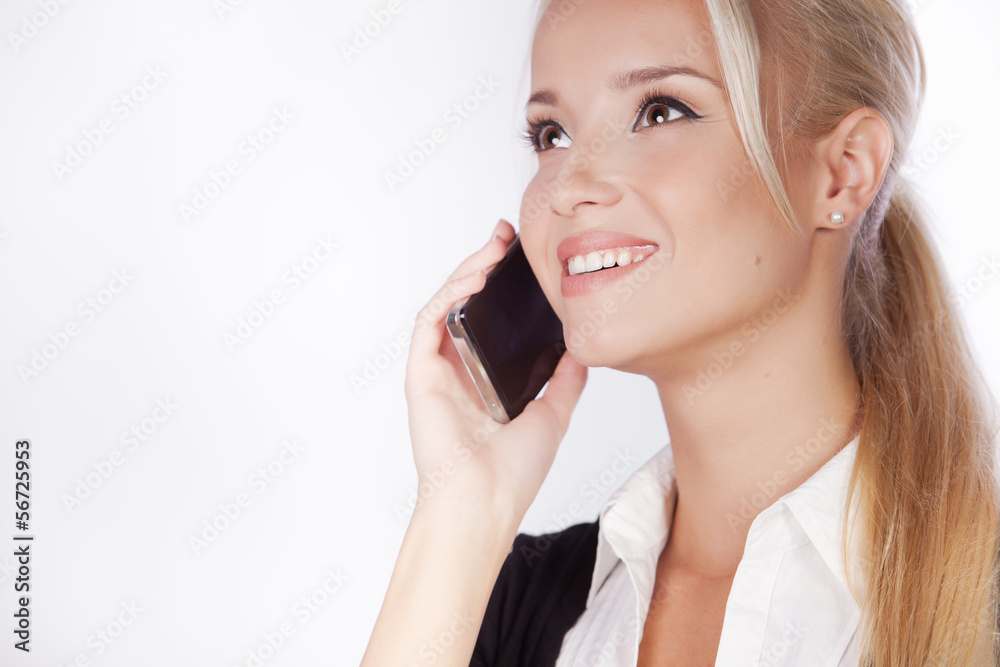 Portrait of happy smiling young businesswoman with phone, isola Portrait of happy smiling young businesswoman with phone, isola