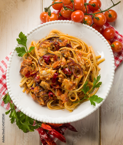 pasta with fish ragout and hot chili pepper