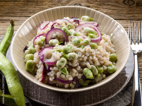 barley risotto with beans broad and onions, vegetarian food