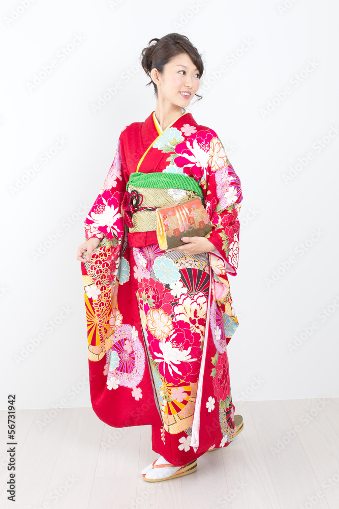 Beautiful asian kimono woman on white background