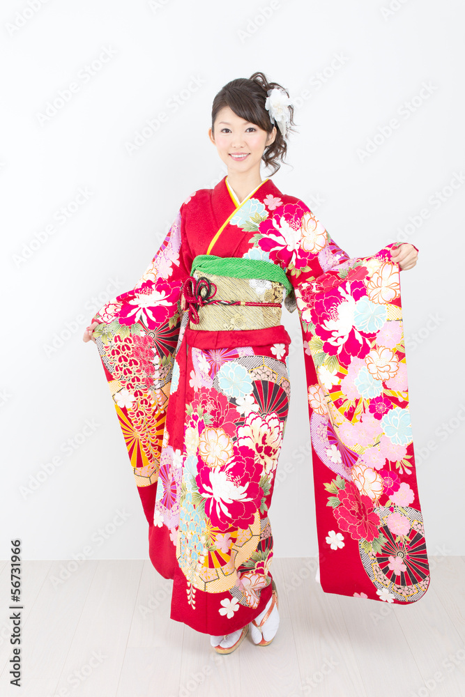 Beautiful asian kimono woman on white background