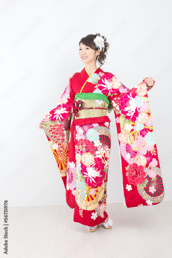 Beautiful asian kimono woman on white background