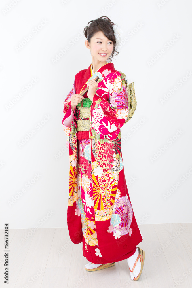 Beautiful asian kimono woman on white background