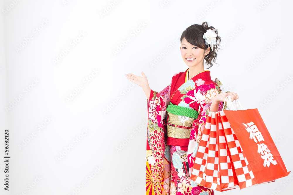 Beautiful asian kimono woman on white background