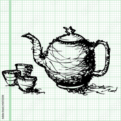 sketch drawing of  teapot with cup  graph paper vector