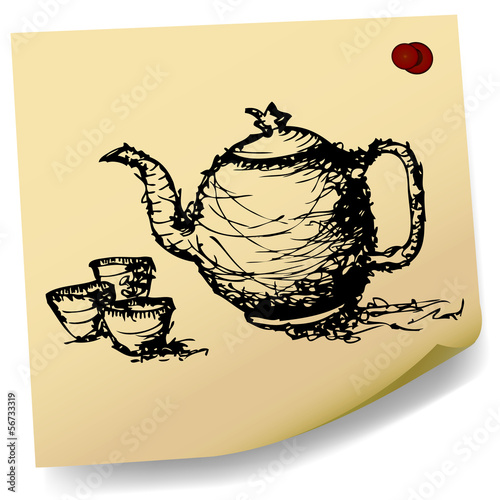 sketch teapot with cup  on sticky  paper vector