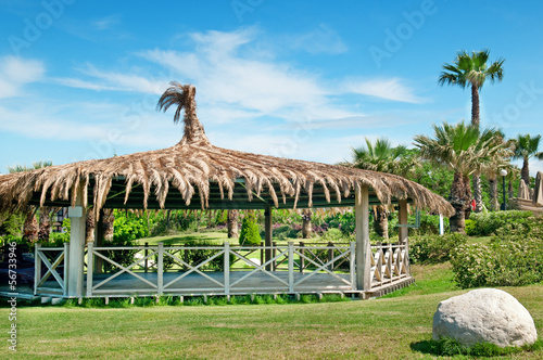 outdoor pavilion  lawn and palm trees