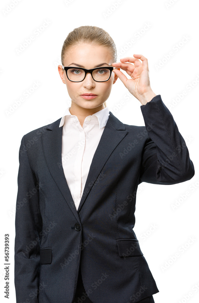 Half-length portrait of businesswoman wearing glasses, isolated