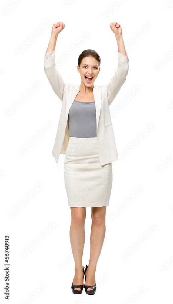 Full-length portrait of happy businesswoman with her hands up Full-length portrait of happy businesswoman with her hands up