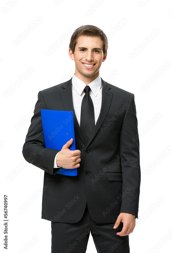 Half-length portrait of businessman handing blue folder Half-length portrait of businessman handing blue folder
