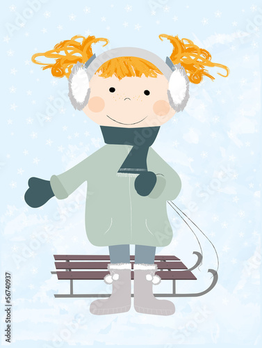 Smiling little girl in winter - vector illustration