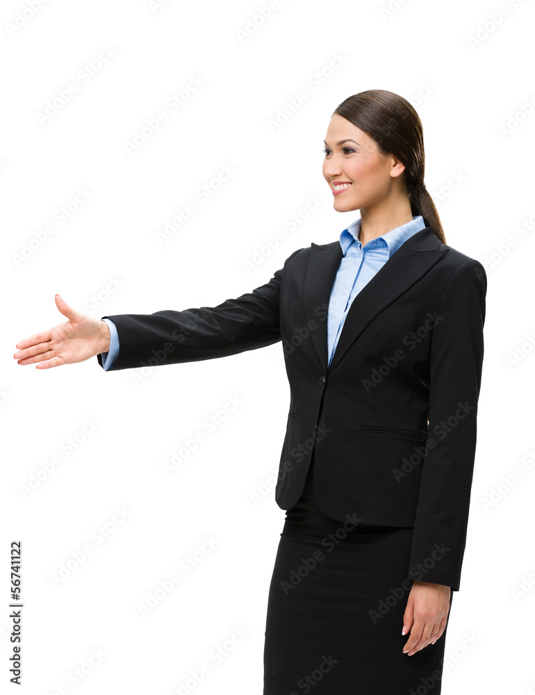 Half-length portrait of businesswoman handshake gesturing Half-length portrait of businesswoman handshake gesturing