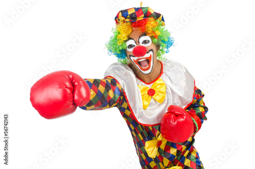 Clown with boxing gloves isolated on white © Elnur