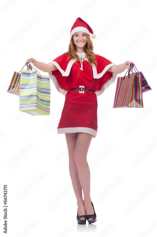 Young woman in red santa costume on white Young woman in red santa costume on white