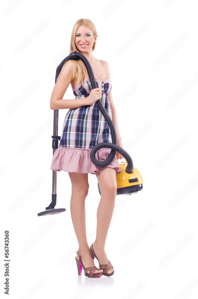Young woman with vacuum cleaner on white Young woman with vacuum cleaner on white