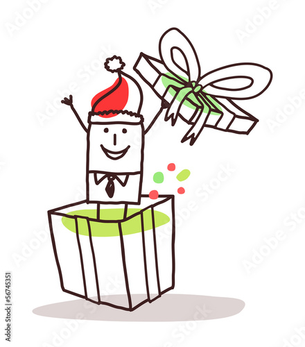 Santa man popping out of a Christmas present