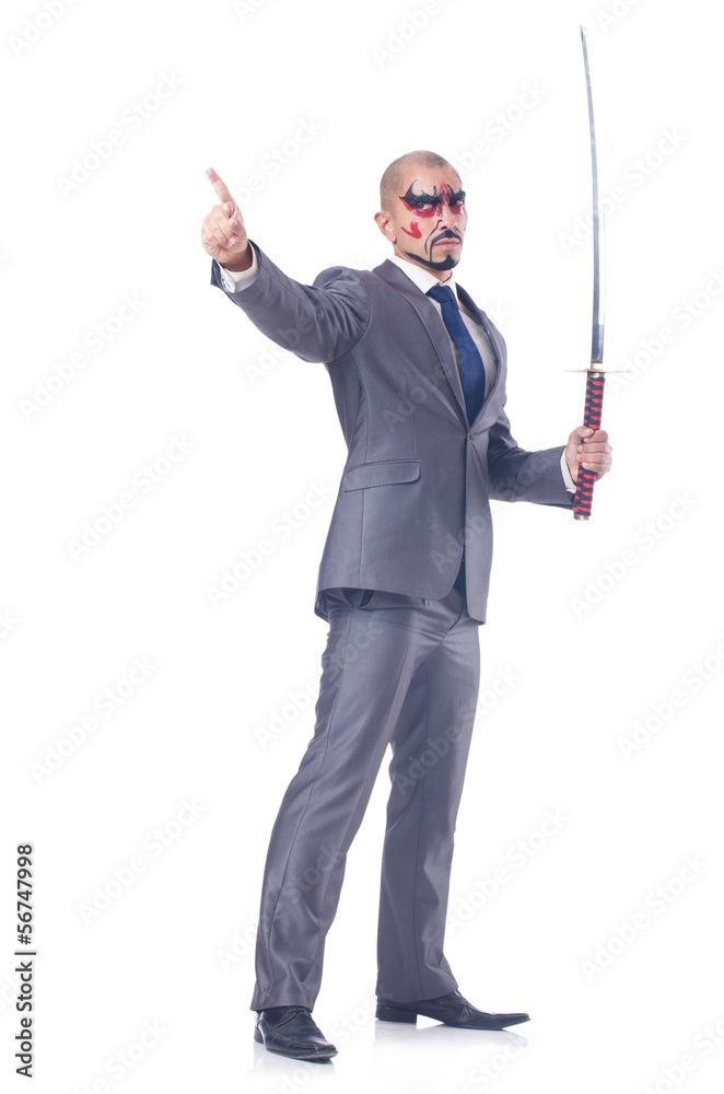 Businessman with sword isolated on white Businessman with sword isolated on white