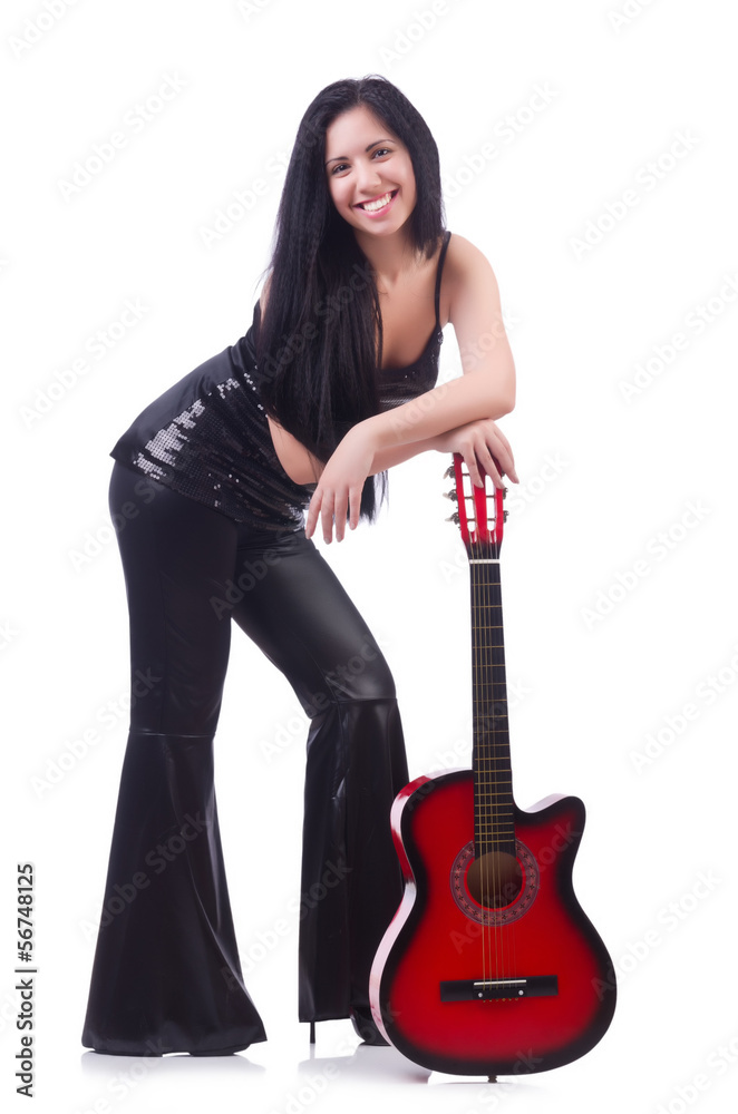 Woman with guitar isolated on the white